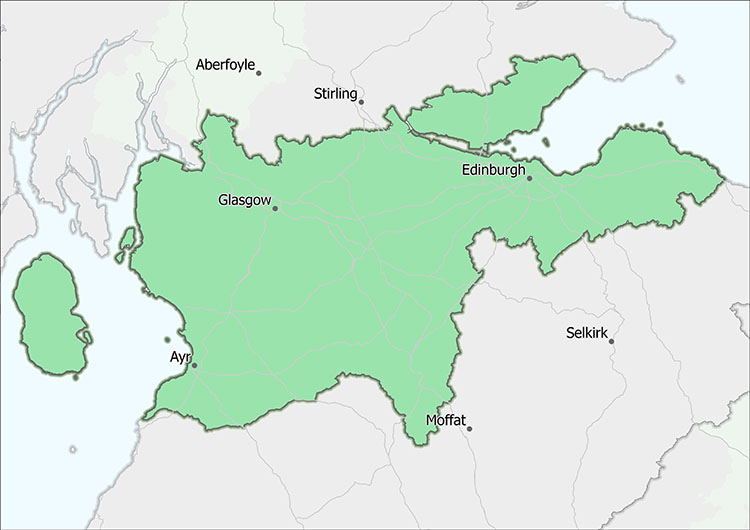 Map of Scottish Forestry's Central Scotland Conservancy boundary.