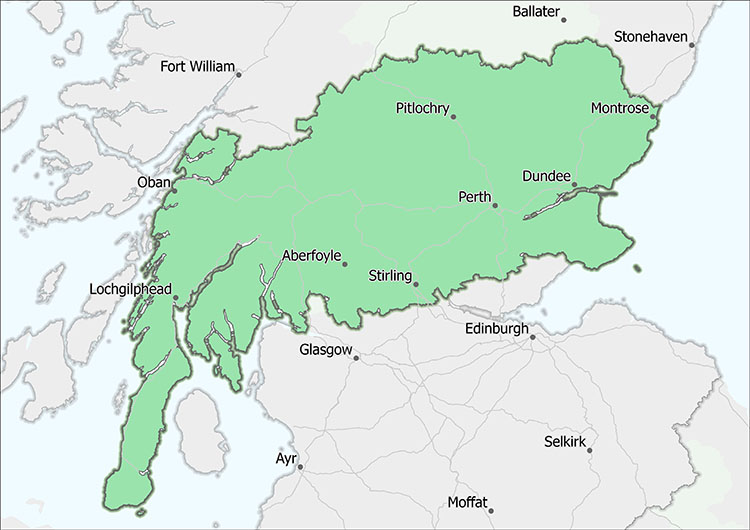 Map of Scottish Forestry's Perth and Argyll Conservancy boundary.