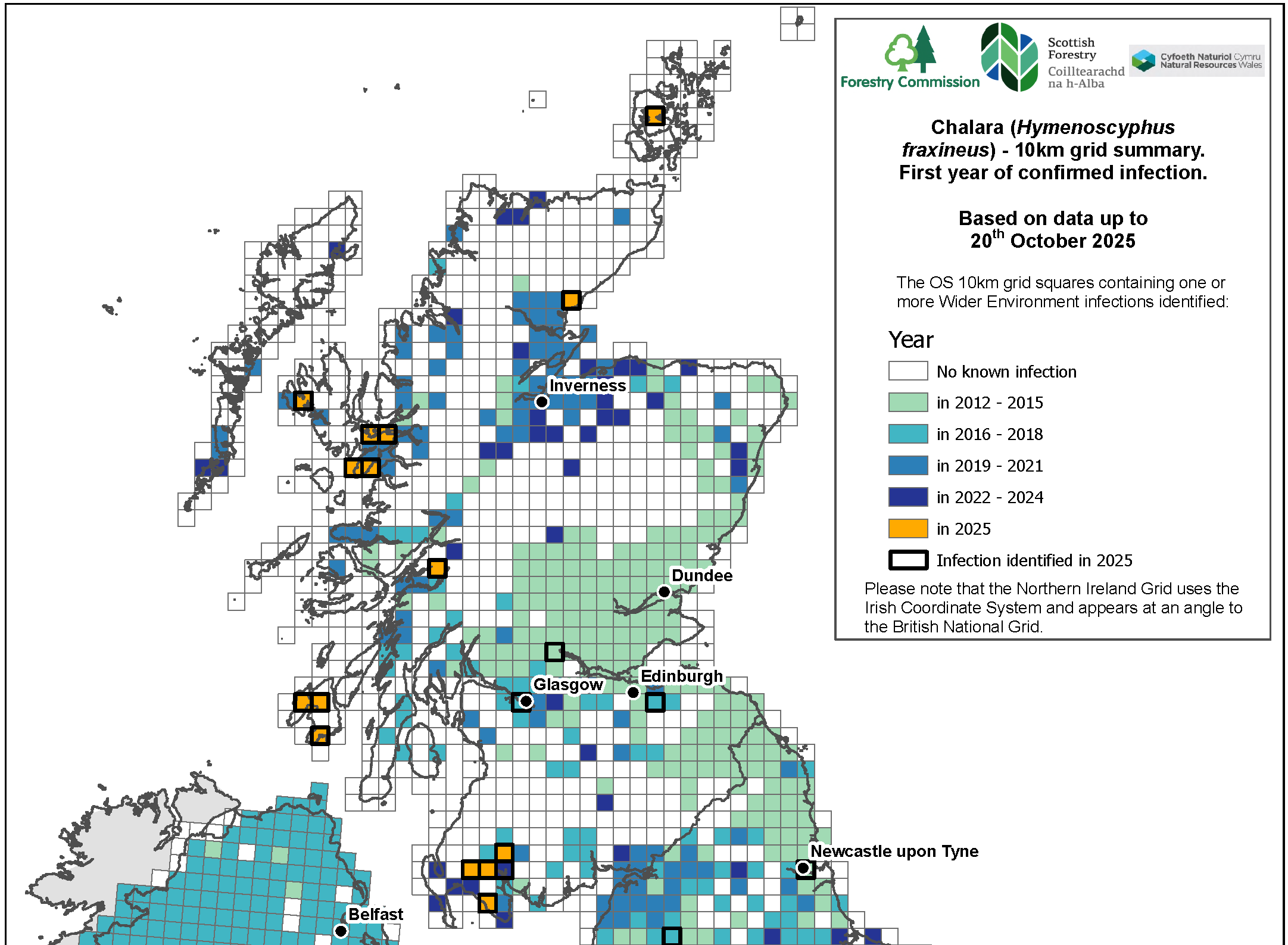 A printable map of UK ash dieback distribution collated by Forest Research